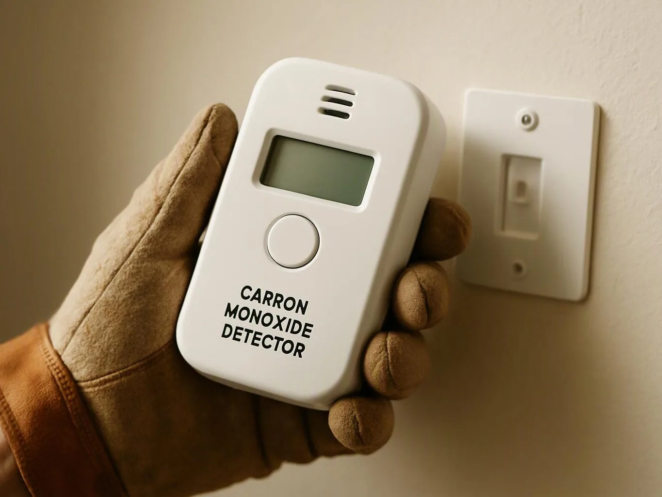 A gloved hand holds a carbon monoxide detector beside a wall switch on a beige wall