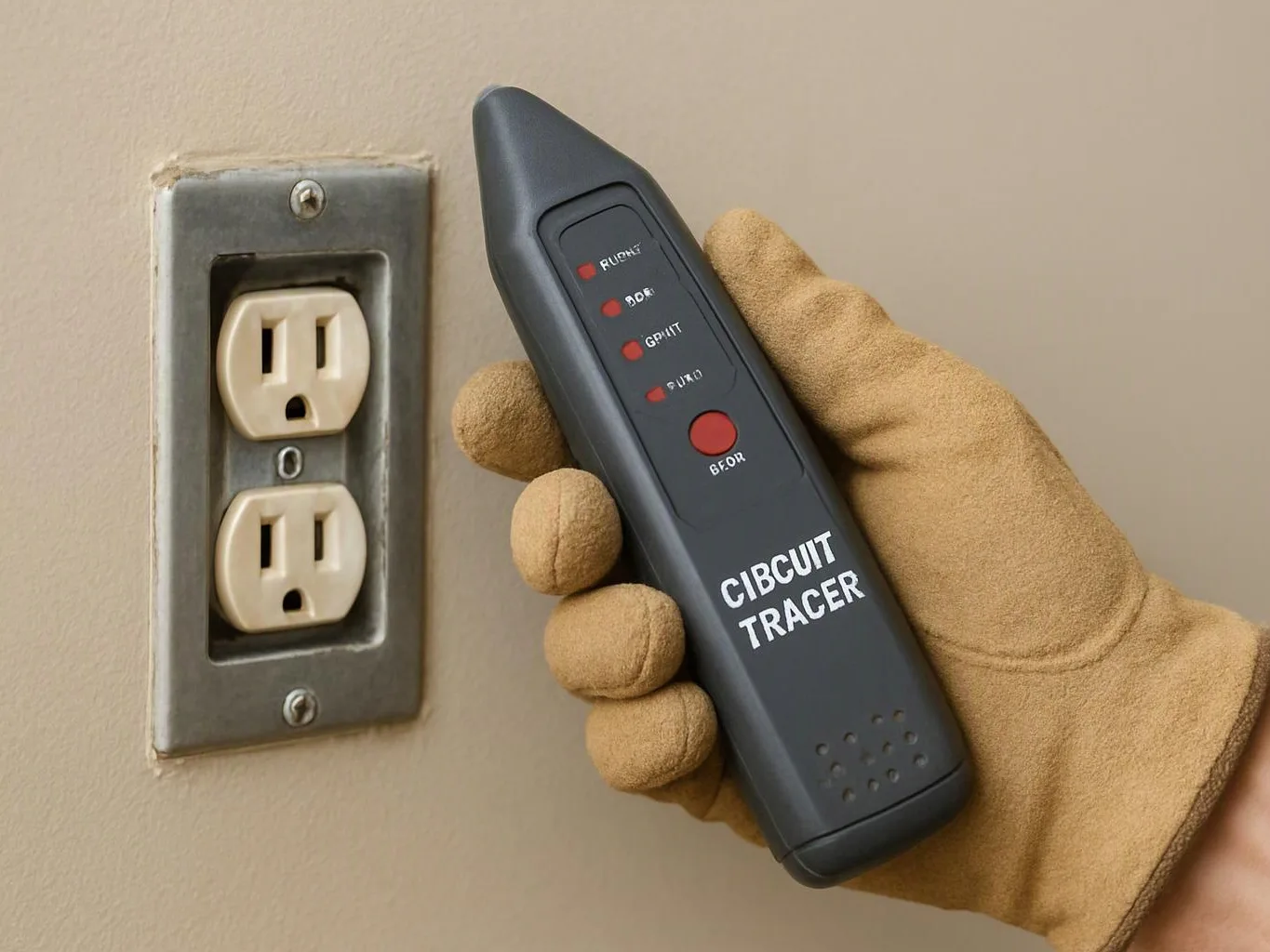 A gloved hand holds a circuit tracer beside a wall outlet on a beige wall