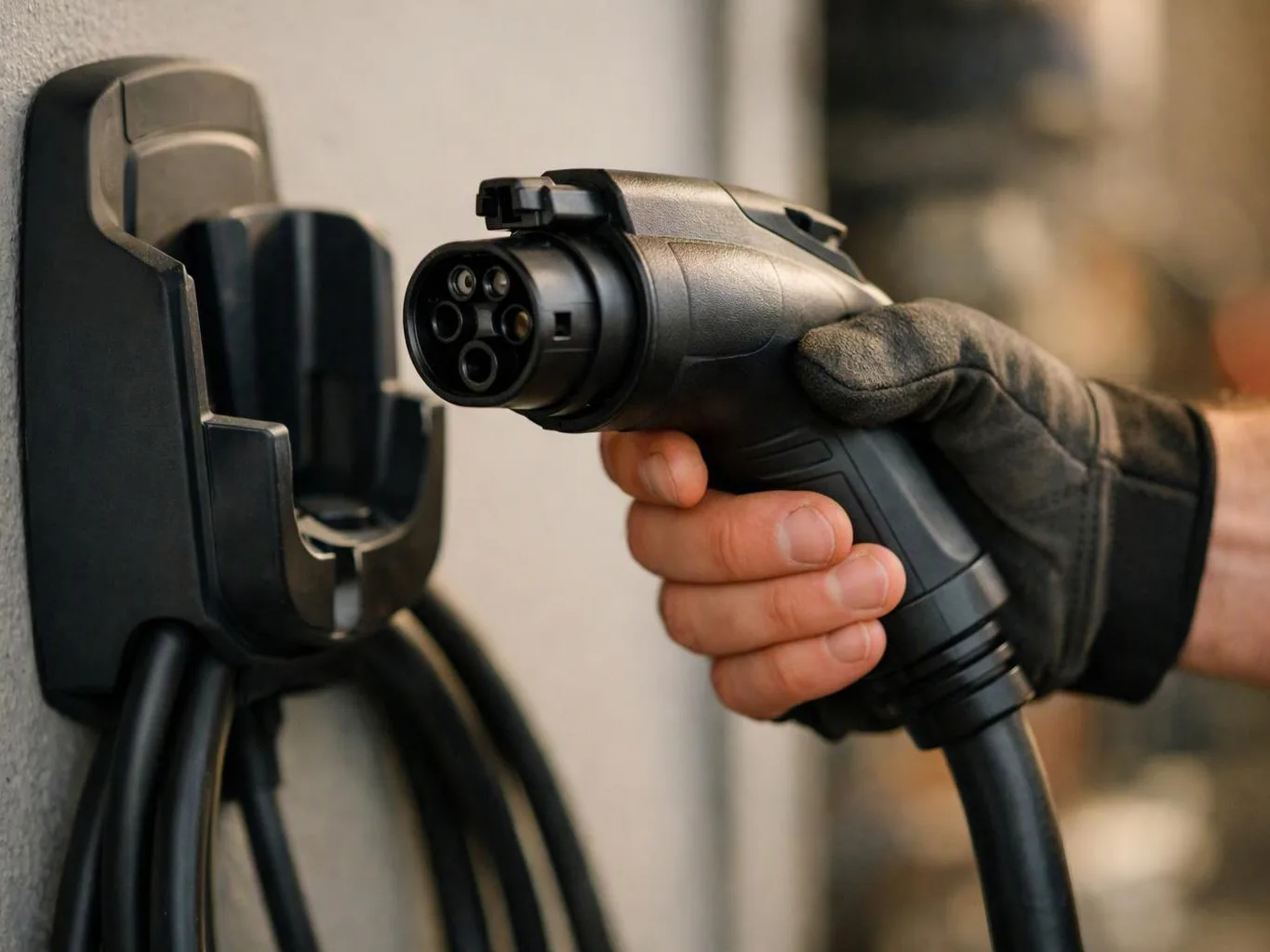 A gloved hand holds an electric vehicle charging plug near a wall-mounted charging station