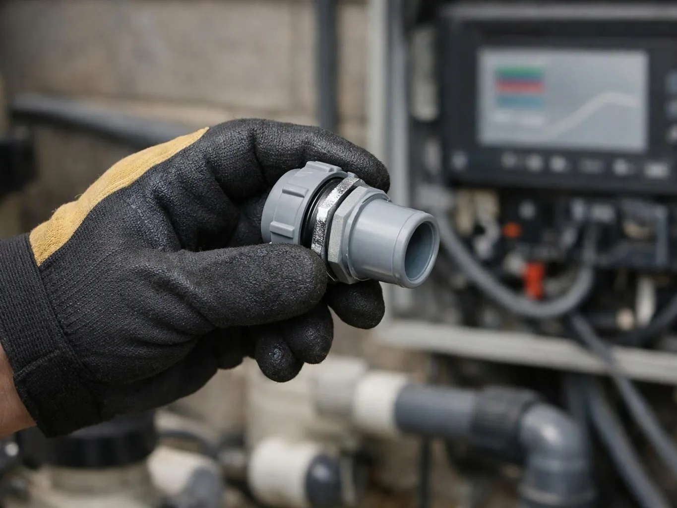 A gloved hand holds a gray plastic pipe fitting in front of industrial equipment with hoses and a display
