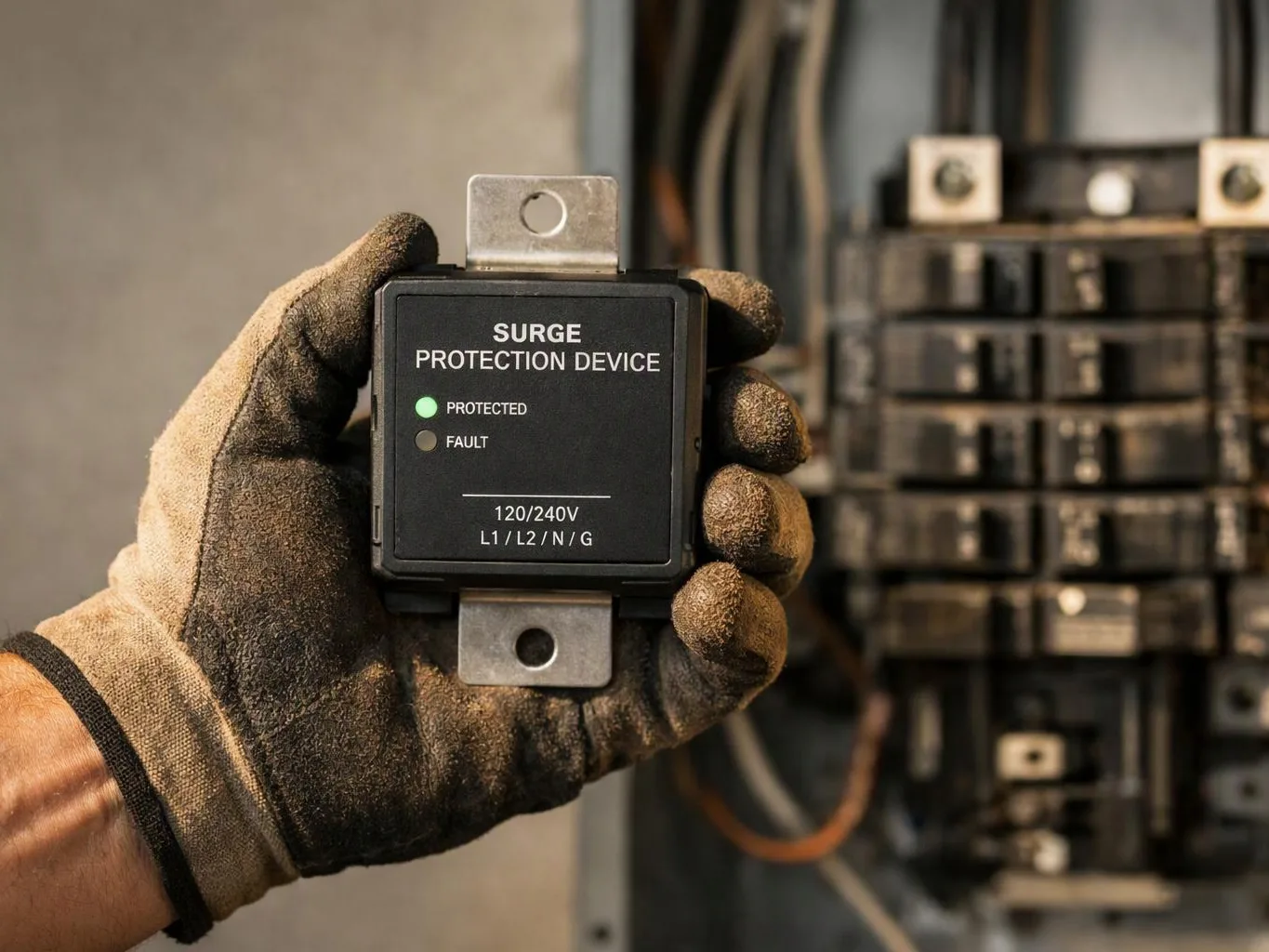 A gloved hand holds a surge protection device in front of an electrical breaker panel