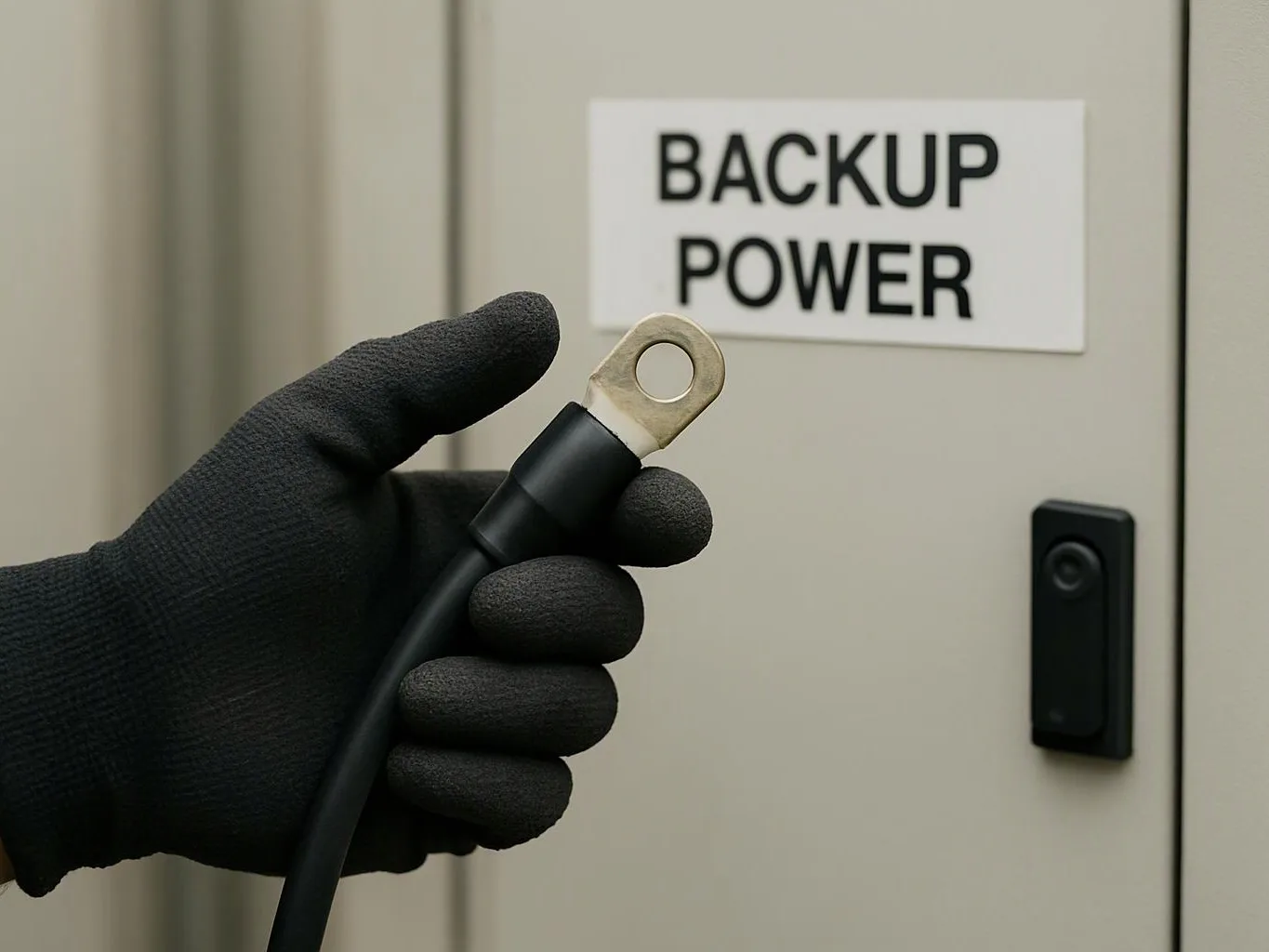 A gloved hand holds a thick cable connector in front of a cabinet labeled BACKUP POWER