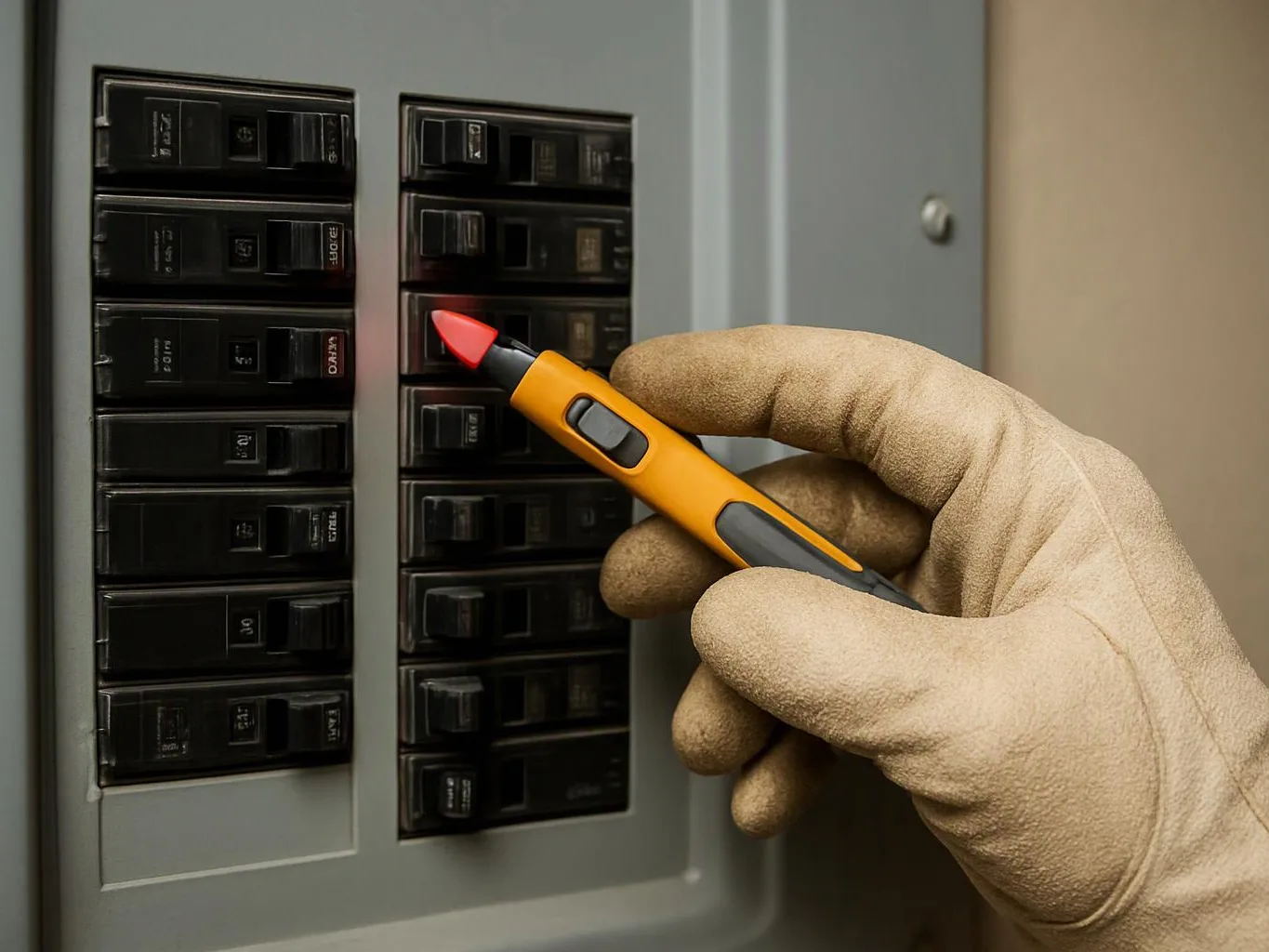 A gloved hand holds a voltage tester near a row of circuit breakers inside an electrical panel