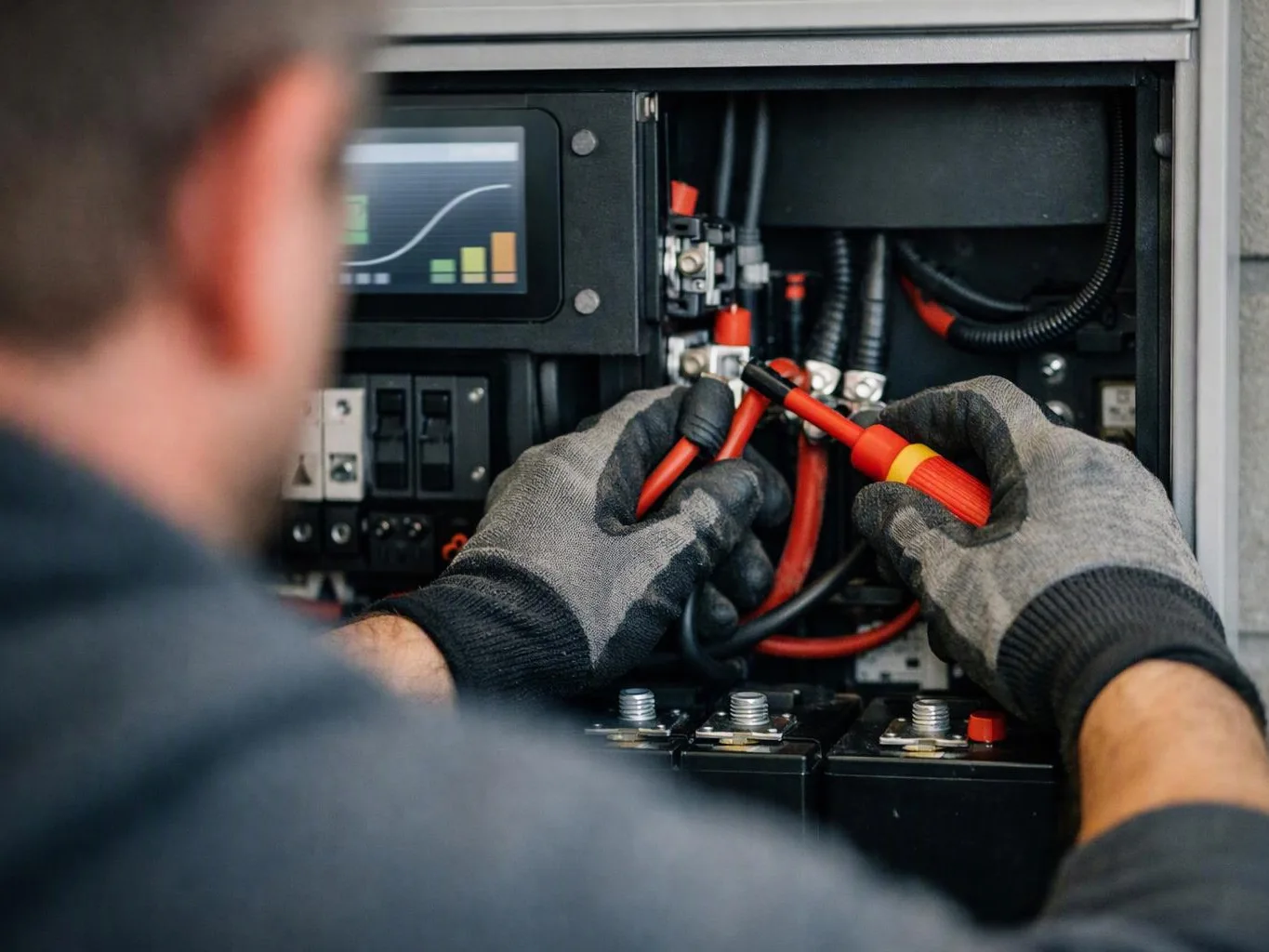 Gloved hands connect red cables inside an electrical panel while a blurred worker watches from the foreground