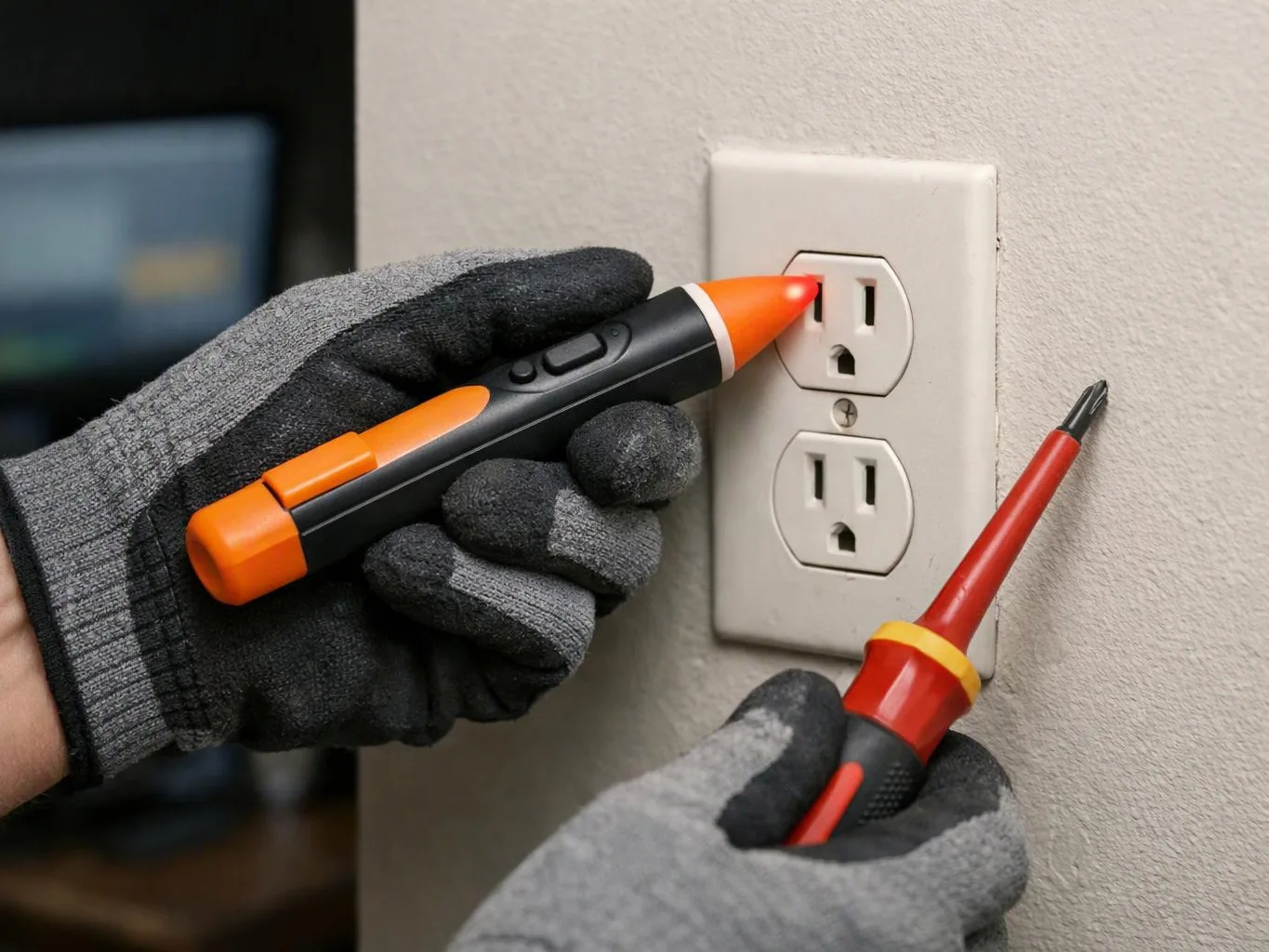 Gloved hands test a wall outlet with two voltage testers beside a white electrical plate