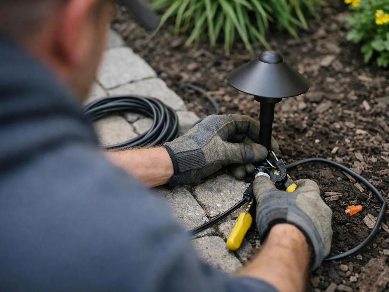 A gloved worker connects black garden light wiring beside a stone path and mulch bed