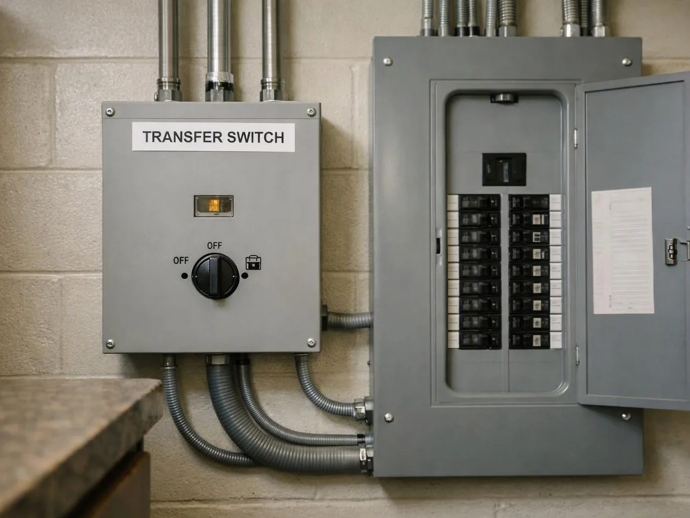 Gray electrical panels mounted on a cinderblock wall, one labeled transfer switch beside an open breaker box