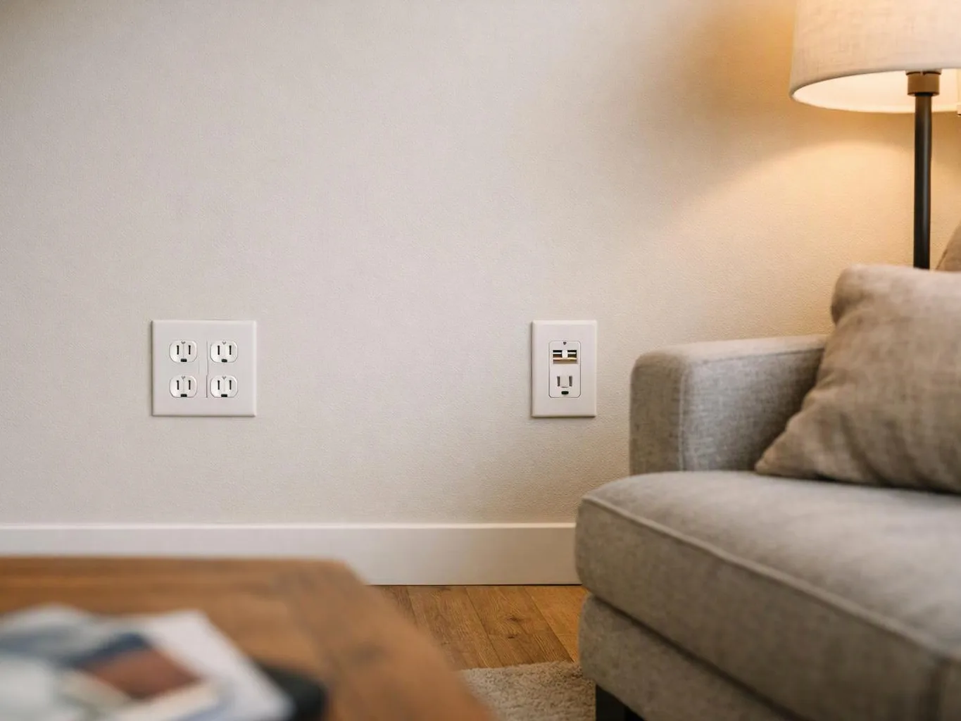 A gray sofa and lamp sit beside a white wall with outlets above a hardwood floor