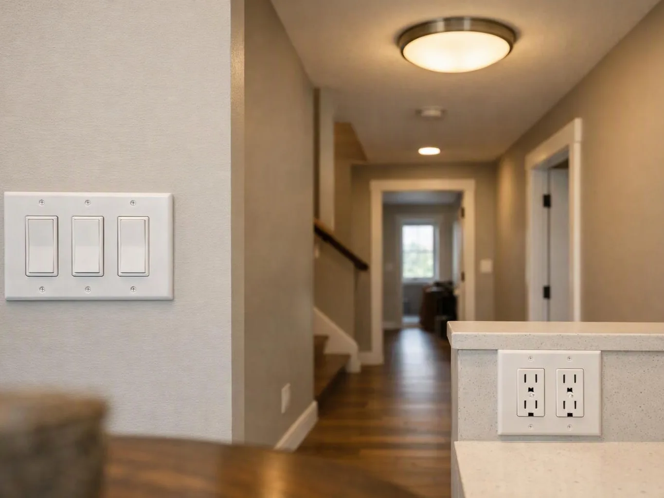 A hallway with beige walls, white switches and outlets, wooden floors, a stairway, and a bright doorway at the far end