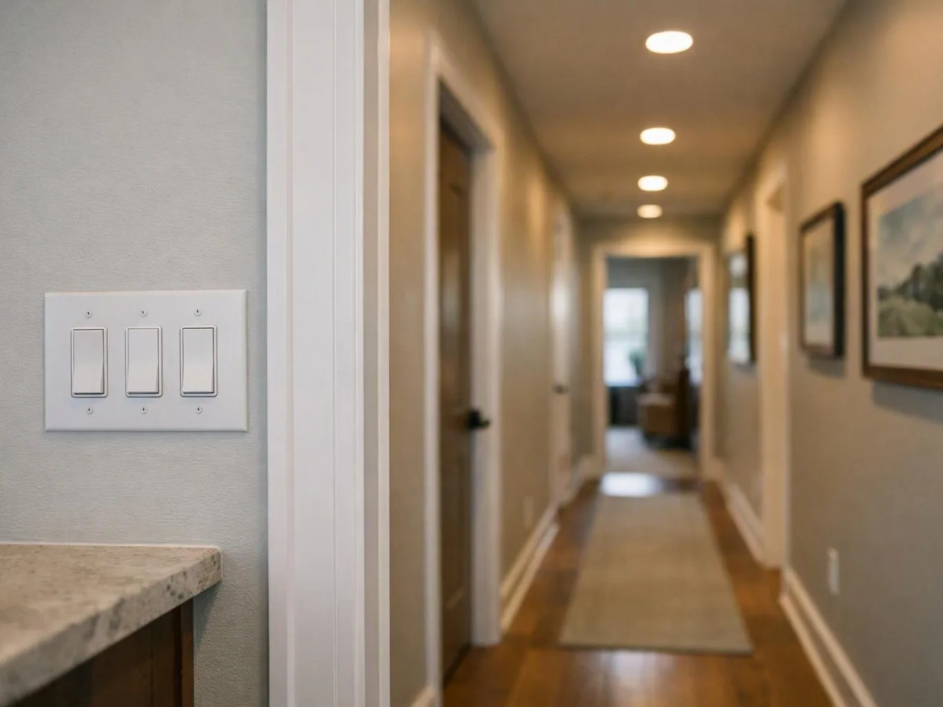 A hallway with recessed lights, framed pictures, and a light switch beside a doorway in the foreground