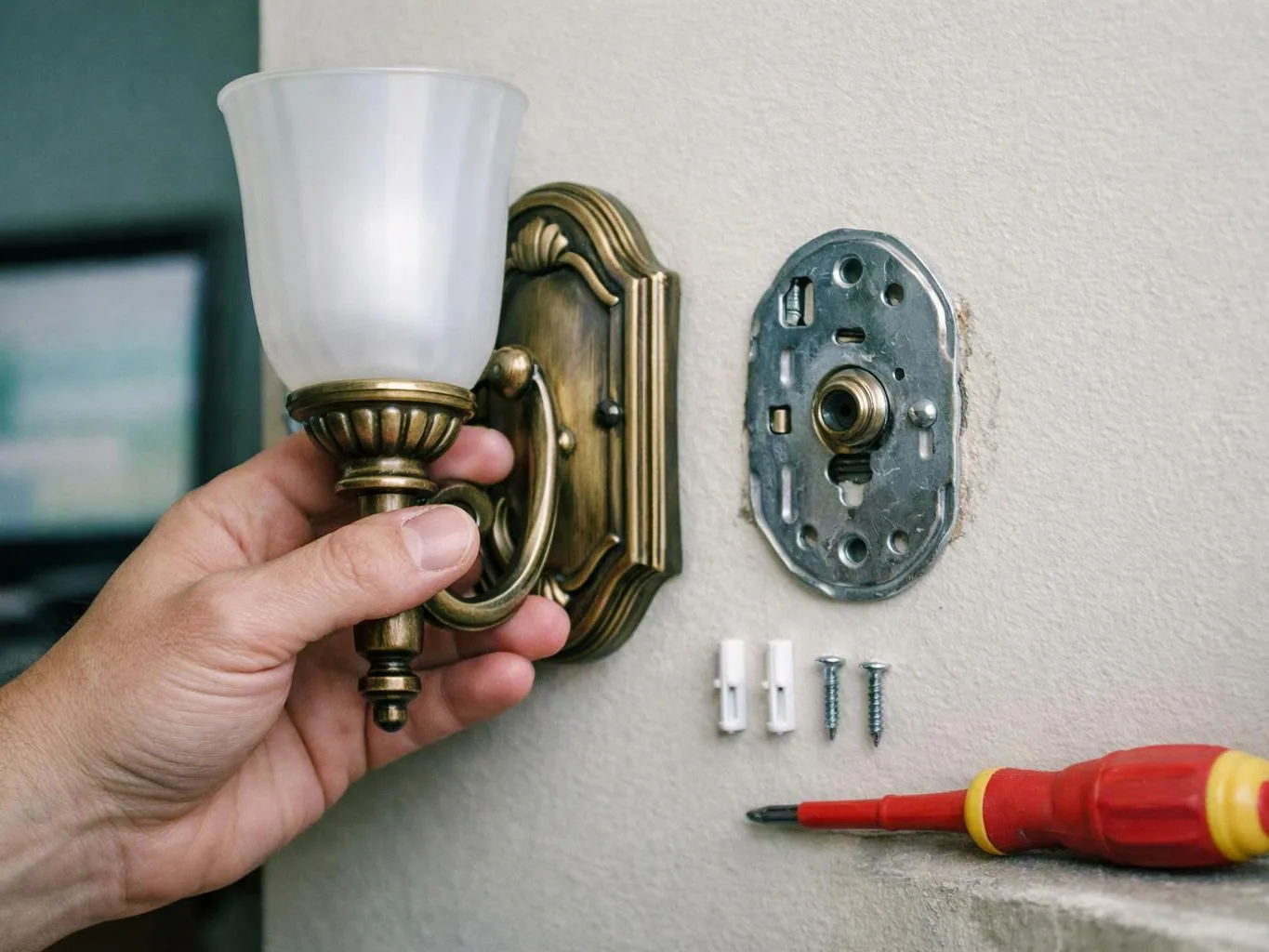 A hand holds a brass wall sconce, with mounting plate, screws, and a screwdriver on a wall