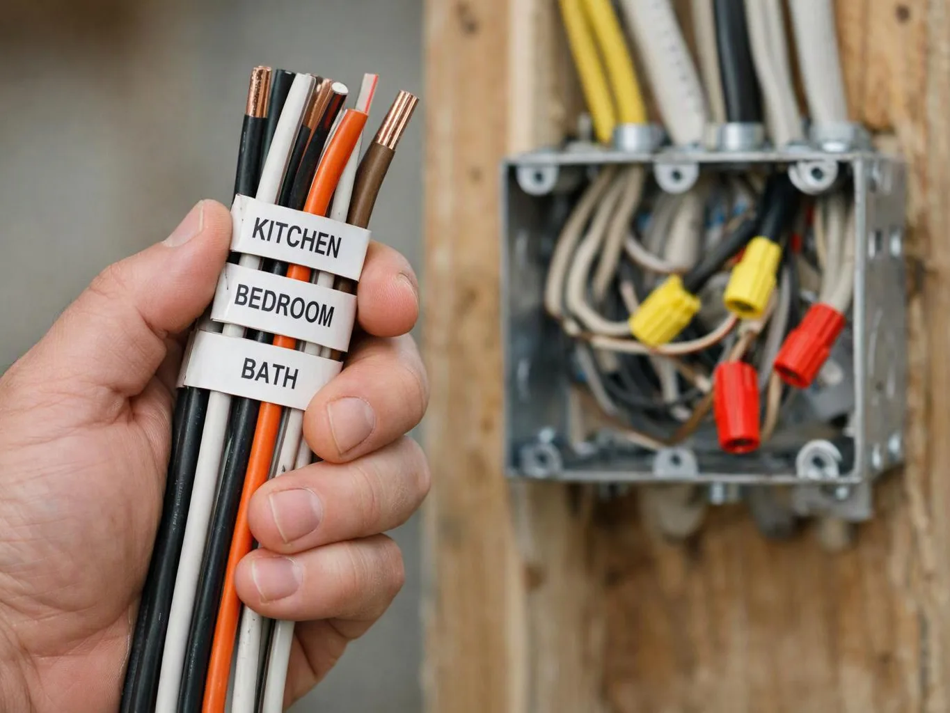 A hand holds labeled electrical wires beside an open wall junction box with loose wire connectors