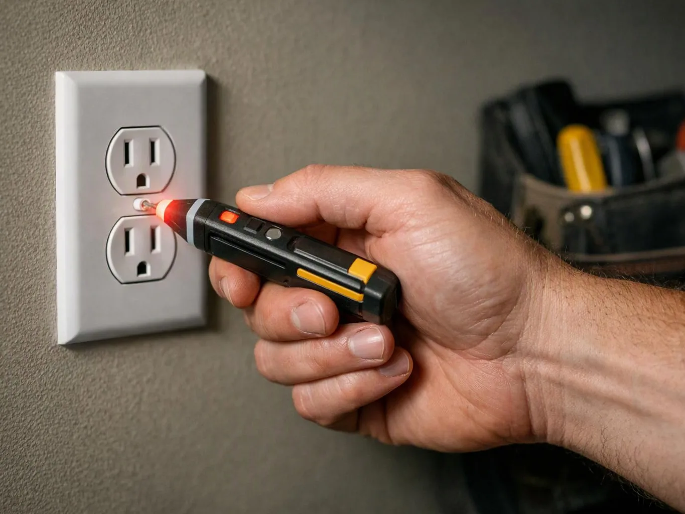 A hand holds a lit voltage tester near a wall outlet in a room with tools in the background