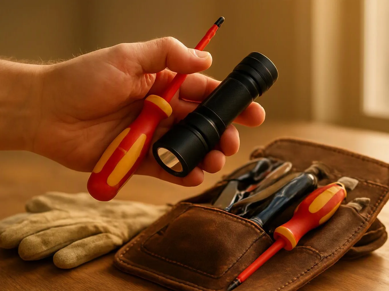 A hand holds a red screwdriver and black flashlight above a leather tool pouch on a table