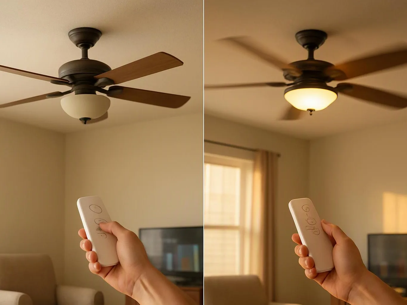 A hand holds a remote while a ceiling fan turns on in a beige living room