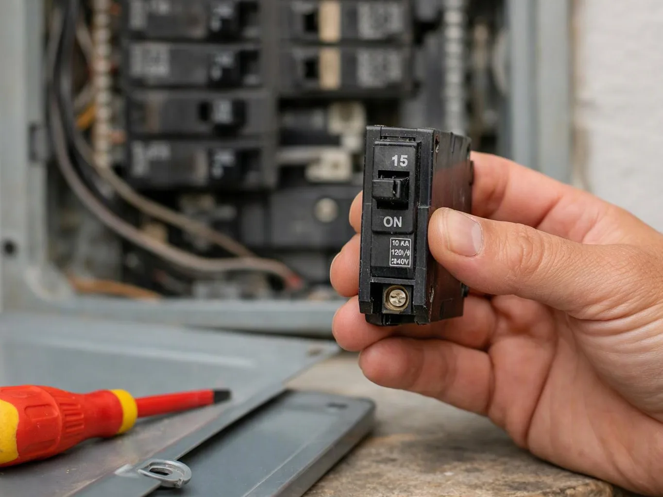 A hand holds a small circuit breaker beside an open electrical panel, with a screwdriver on the floor