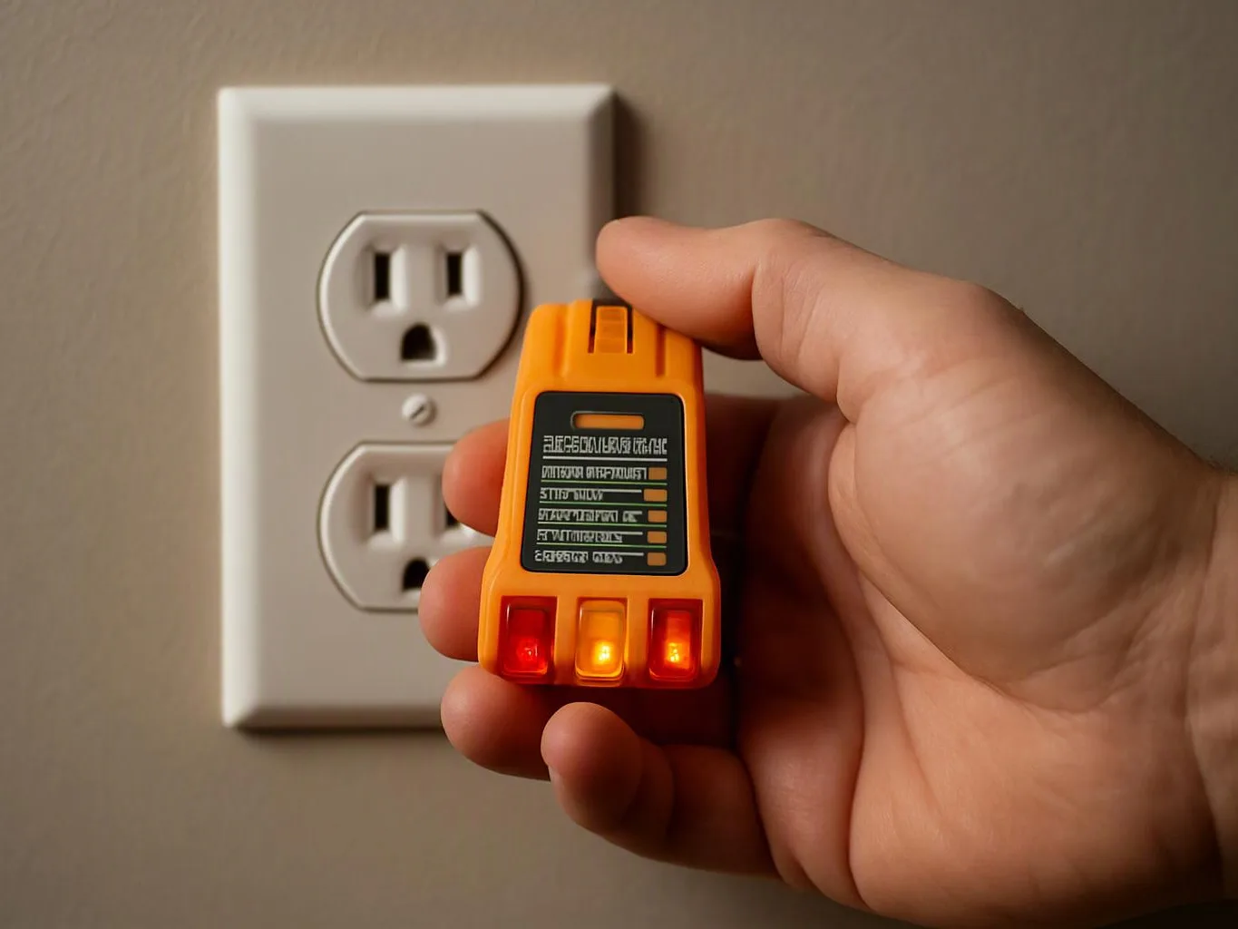 A hand holds a small orange outlet tester in front of a wall electrical socket