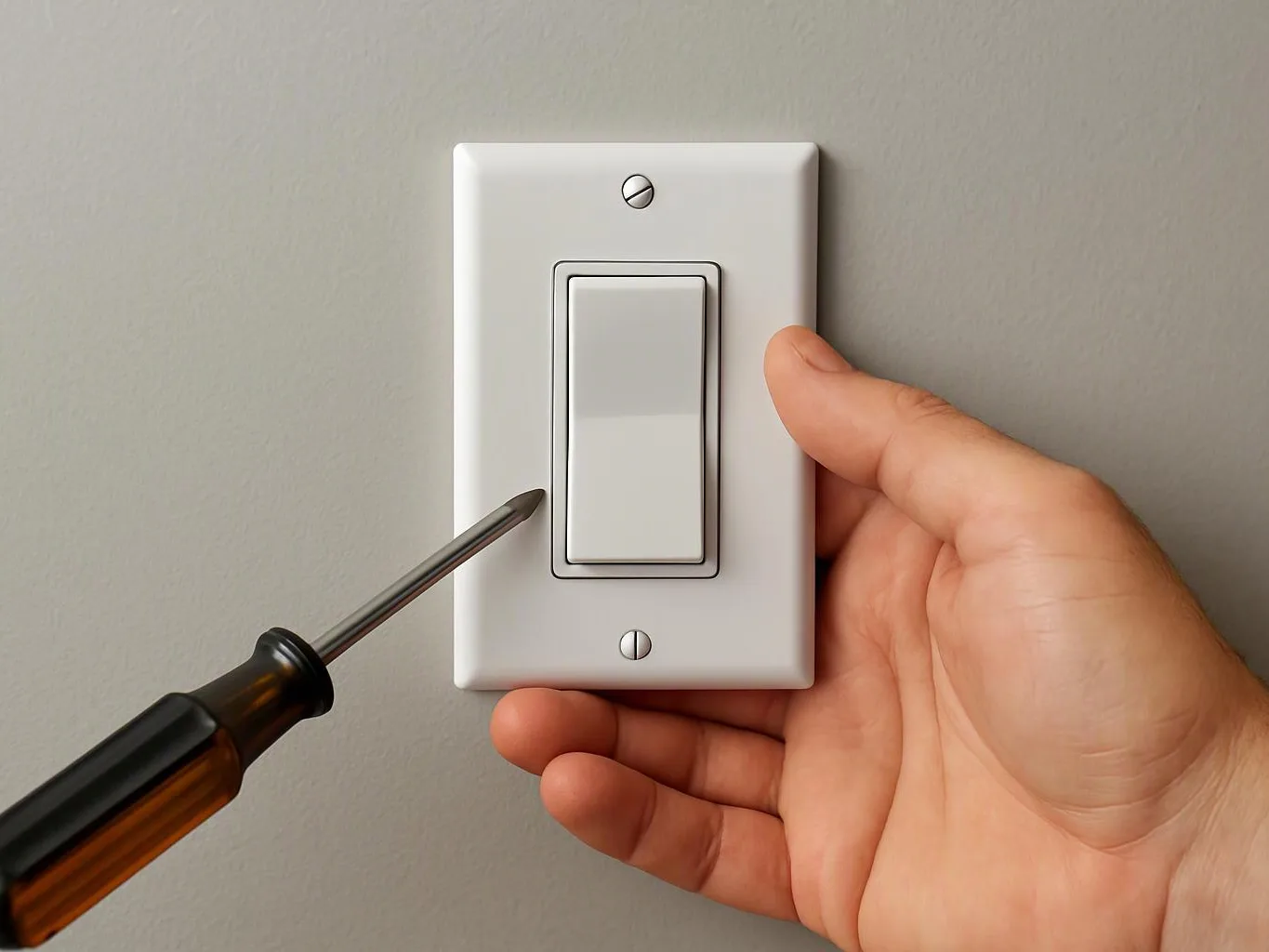 A hand holds a wall light switch while a screwdriver loosens the lower left screw on a gray wall