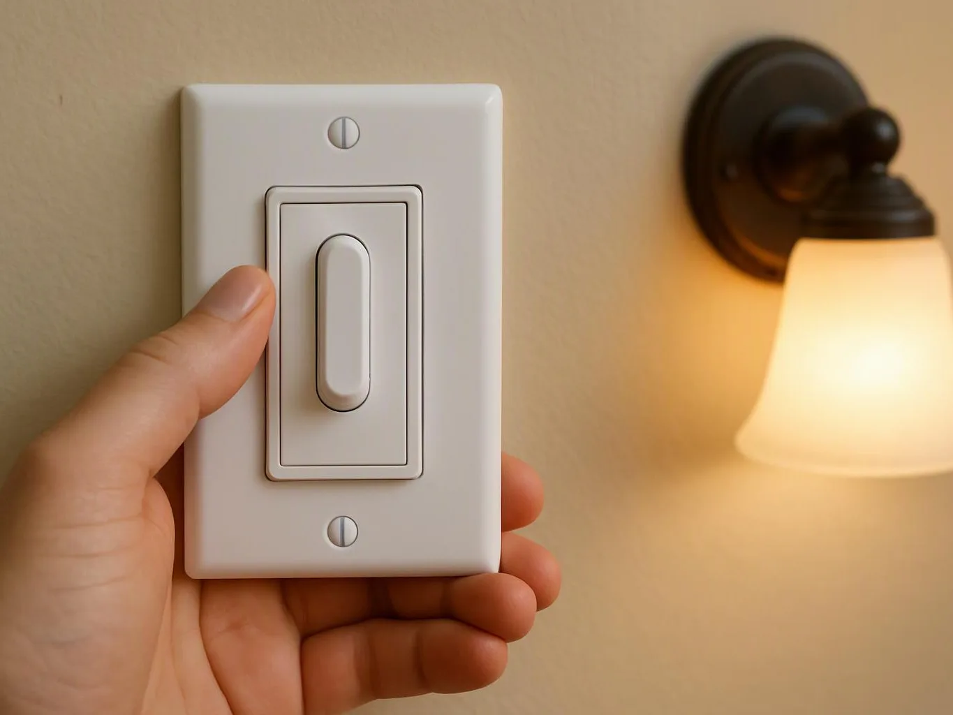 A hand holds a white dimmer switch beside a glowing wall lamp on a beige wall
