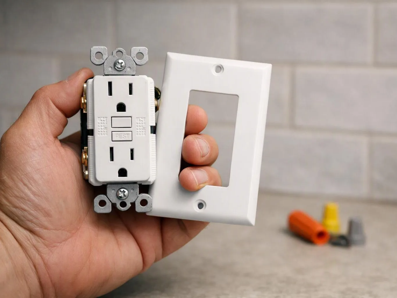 A hand holds a white GFCI outlet and matching wall plate over a tiled countertop with wire connectors in the background