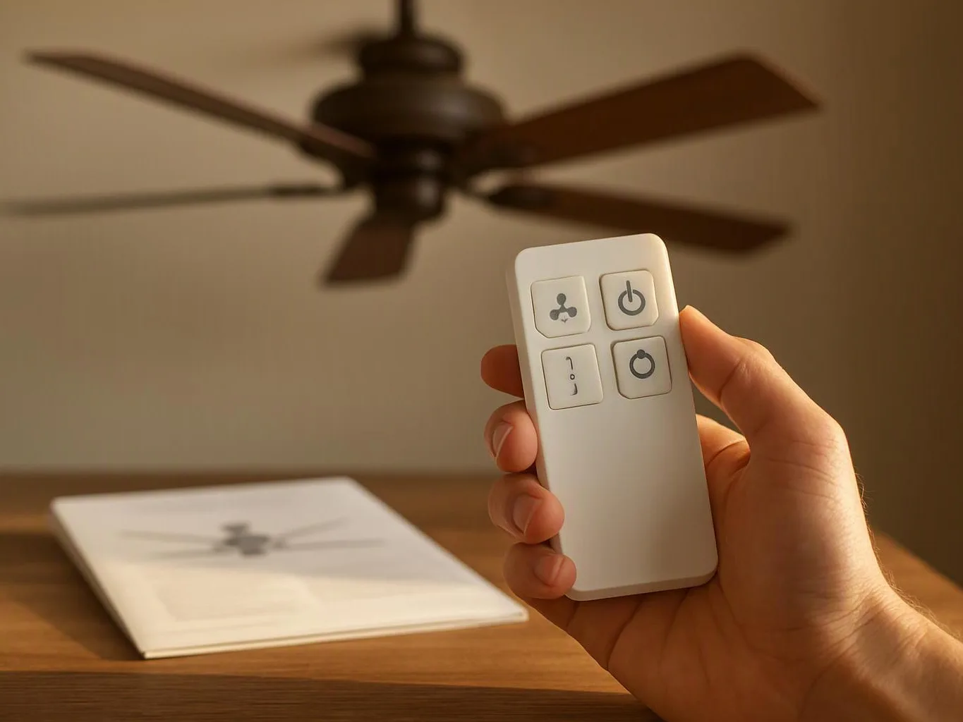 A hand holds a white remote toward a ceiling fan in a warm room