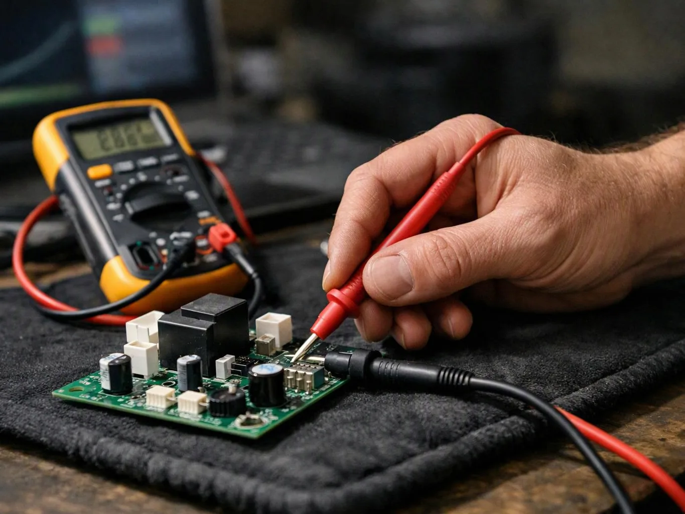 A hand probes a circuit board with a red test lead beside a digital multimeter on a workbench