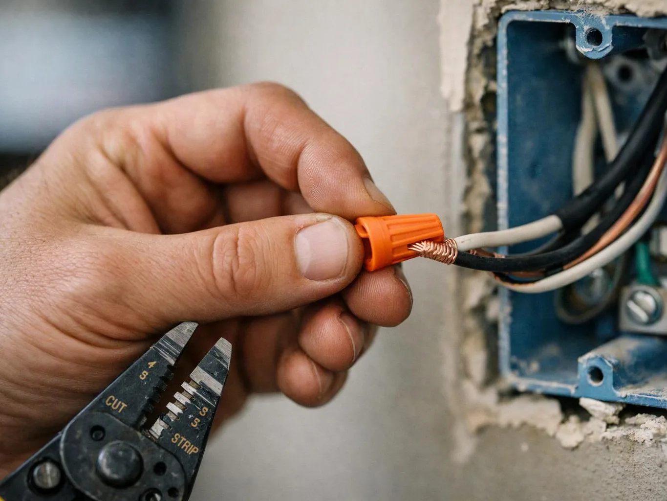A hand twists an orange wire nut onto exposed electrical wires beside a wall box, with stripping pliers below