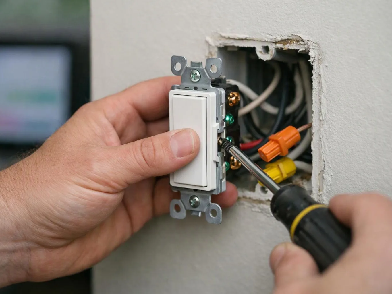 Hands install a light switch into a wall box with exposed wires using a screwdriver
