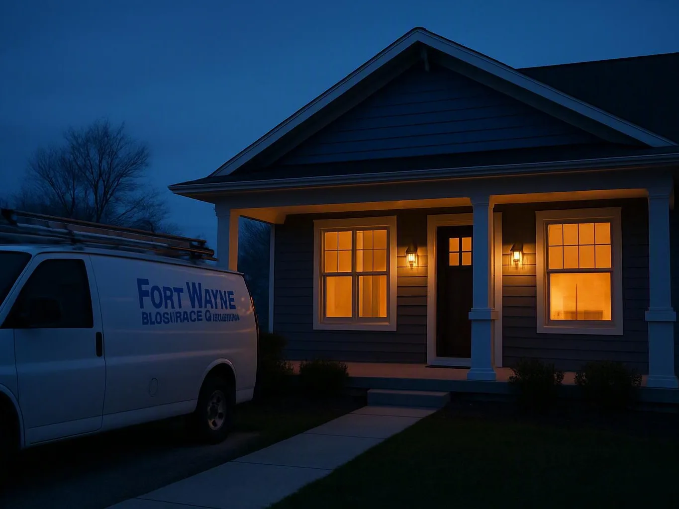 White electrical service van parked beside a suburban house with lights glowing at dusk