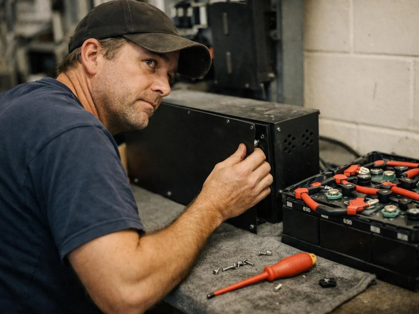 Technician in a cap repairs a black battery unit at a workshop bench surrounded by tools