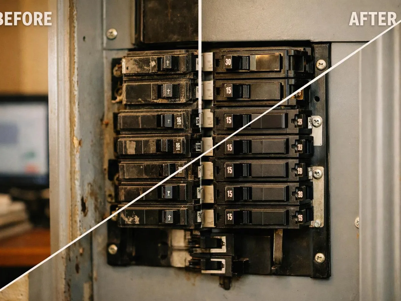 A split before-and-after view shows a rusty old circuit breaker panel beside a cleaner updated one
