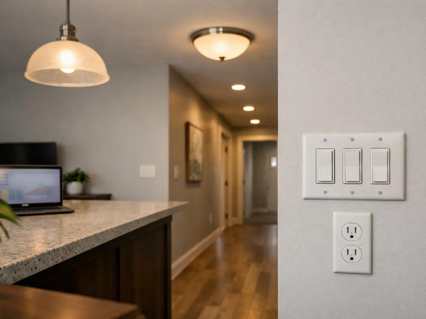 A kitchen counter faces a hallway, with pendant lights, a laptop, and wall switches and outlets visible