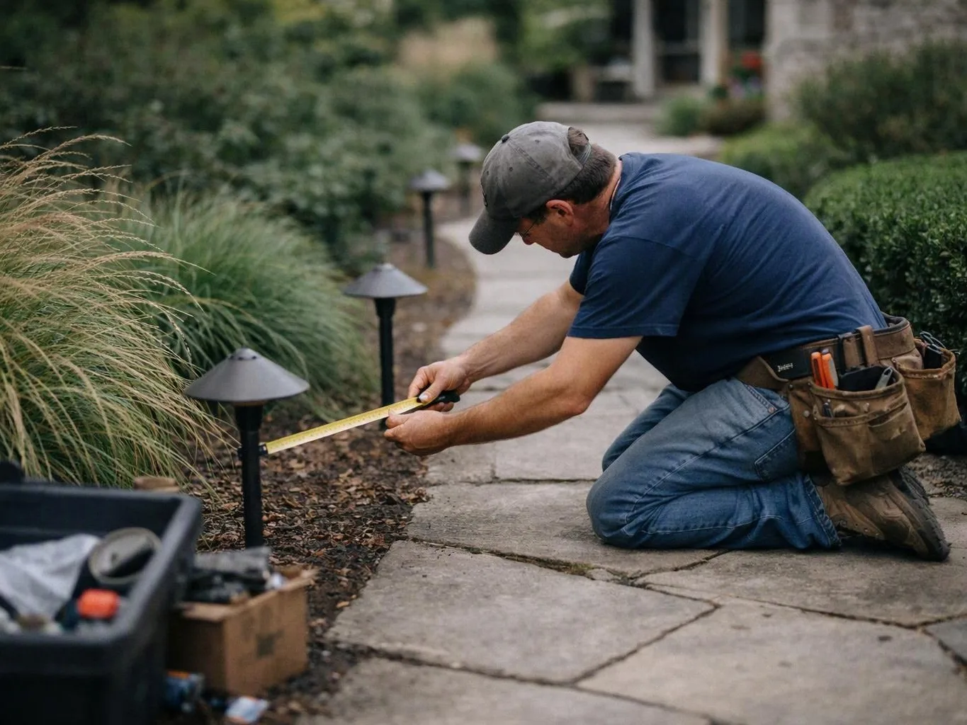 A kneeling man measures a garden path beside low path lights and tall plants