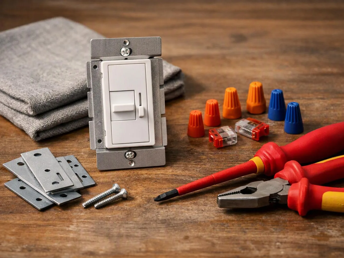 A light switch sits among screws, wire nuts, connectors, and red-handled tools on a wooden table