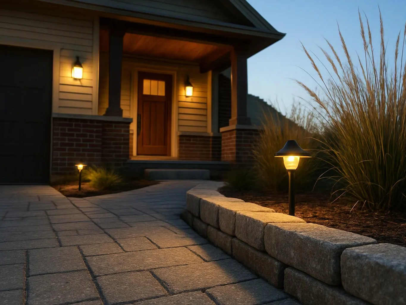 A lit front walkway leads to a porch with a wooden door and glowing wall lamps at dusk