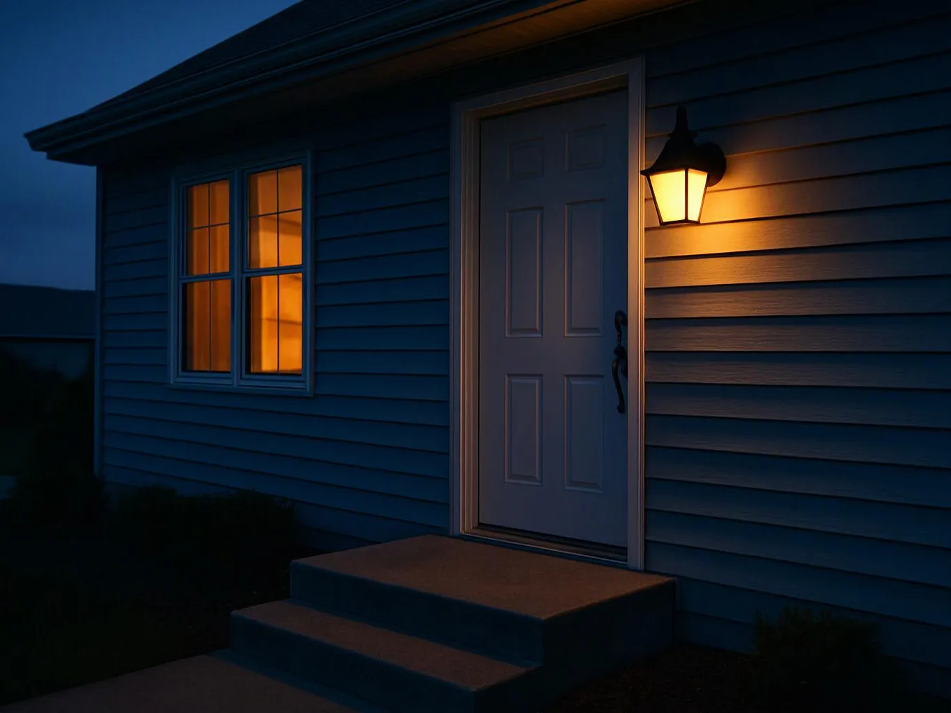 A lit porch shows a closed front door, glowing window, and wall lamp on a dark house at night