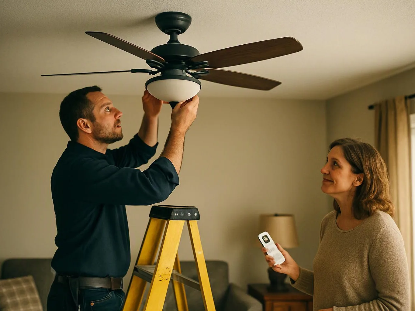 A man adjusts a ceiling fan while standing on a yellow ladder, as a woman holds a remote in a living room
