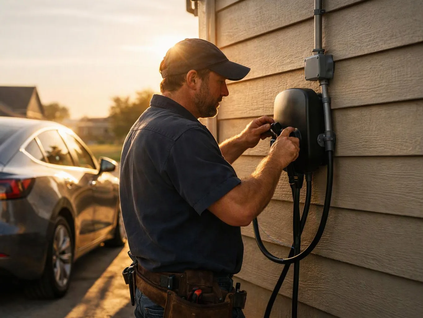 A man in a cap adjusts a wall-mounted car charger beside a parked SUV at sunset