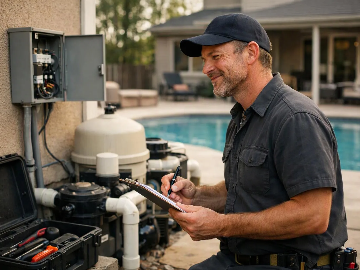 A man in a cap checks pool equipment beside an open electrical panel and a backyard swimming pool