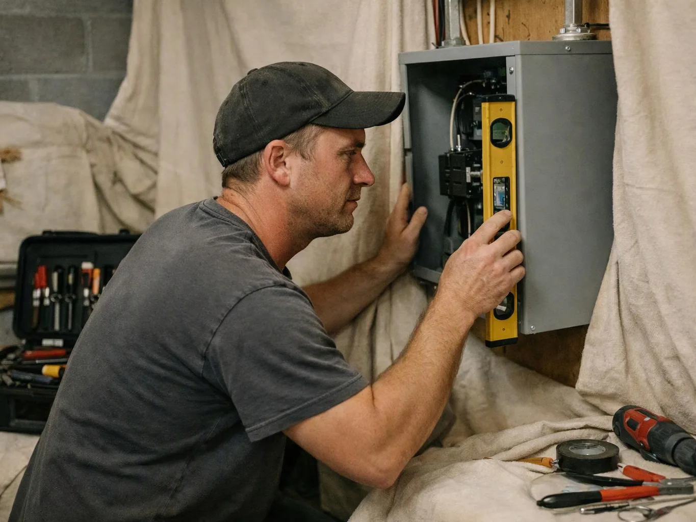 A man in a cap checks a wall-mounted electrical panel with a level in a covered work area