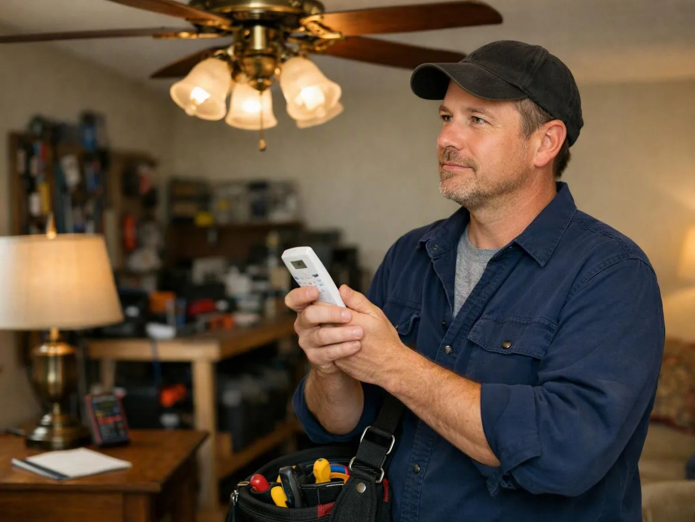 A man in a cap holds a remote control in a cluttered room with a ceiling fan and lamp