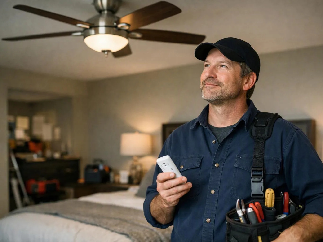 A man in a cap holds a remote and tool pouch inside a softly lit bedroom