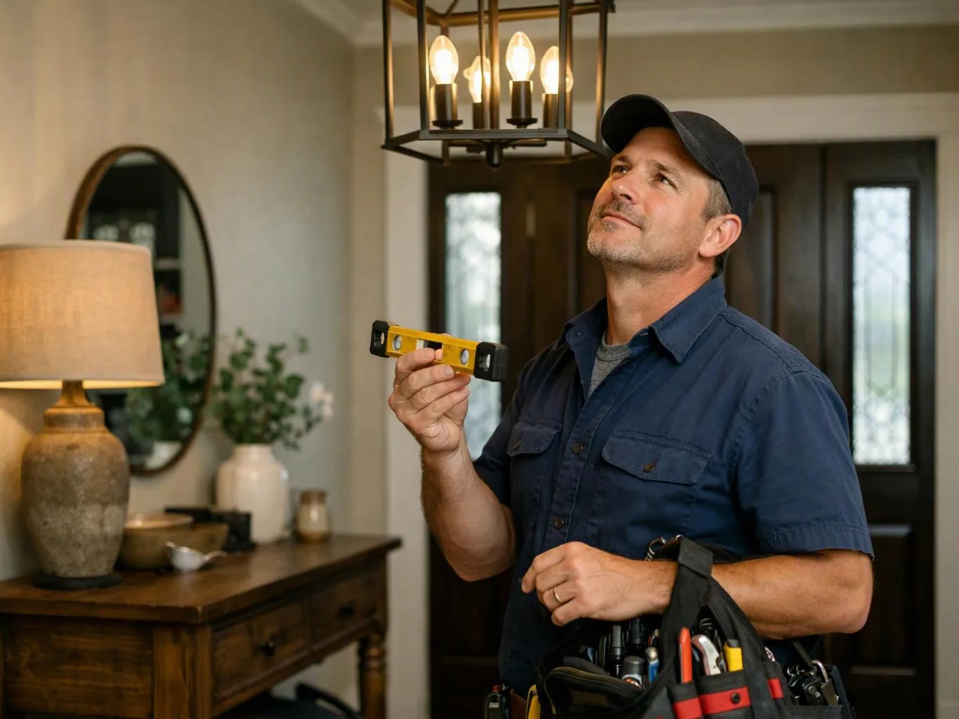 A man in a cap holds a small level under a ceiling light in a home entryway