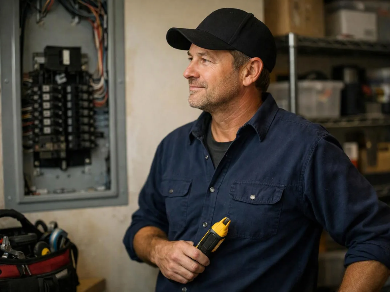 A man in a cap holds a yellow tool beside an open electrical panel in a workshop