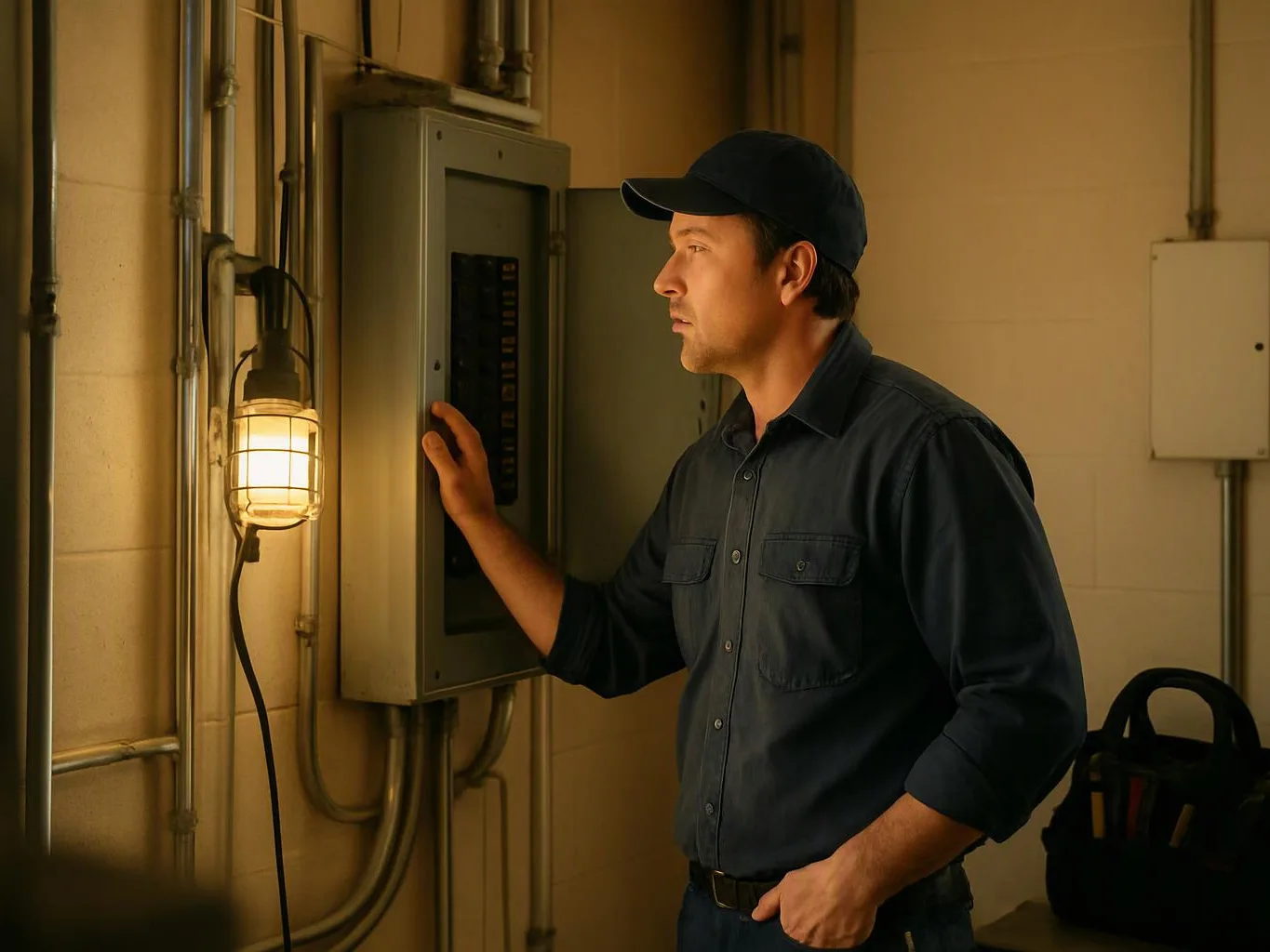 A man in a cap inspects an open electrical panel beside a lit work lamp in a utility room