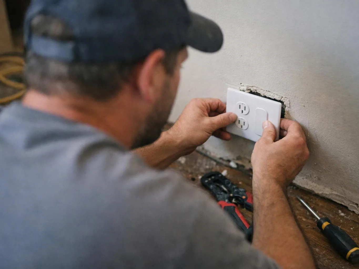 A man in a cap installs a white wall outlet cover beside exposed plaster, with tools on the floor
