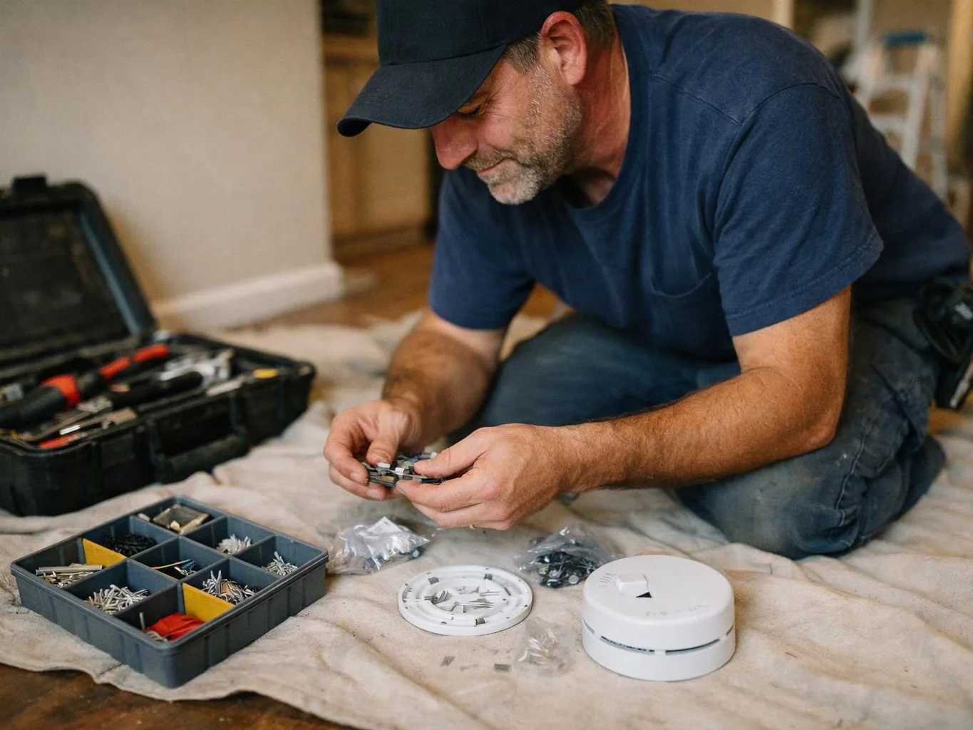 A man in a cap kneels on a cloth, assembling small parts beside a smoke alarm and tool boxes