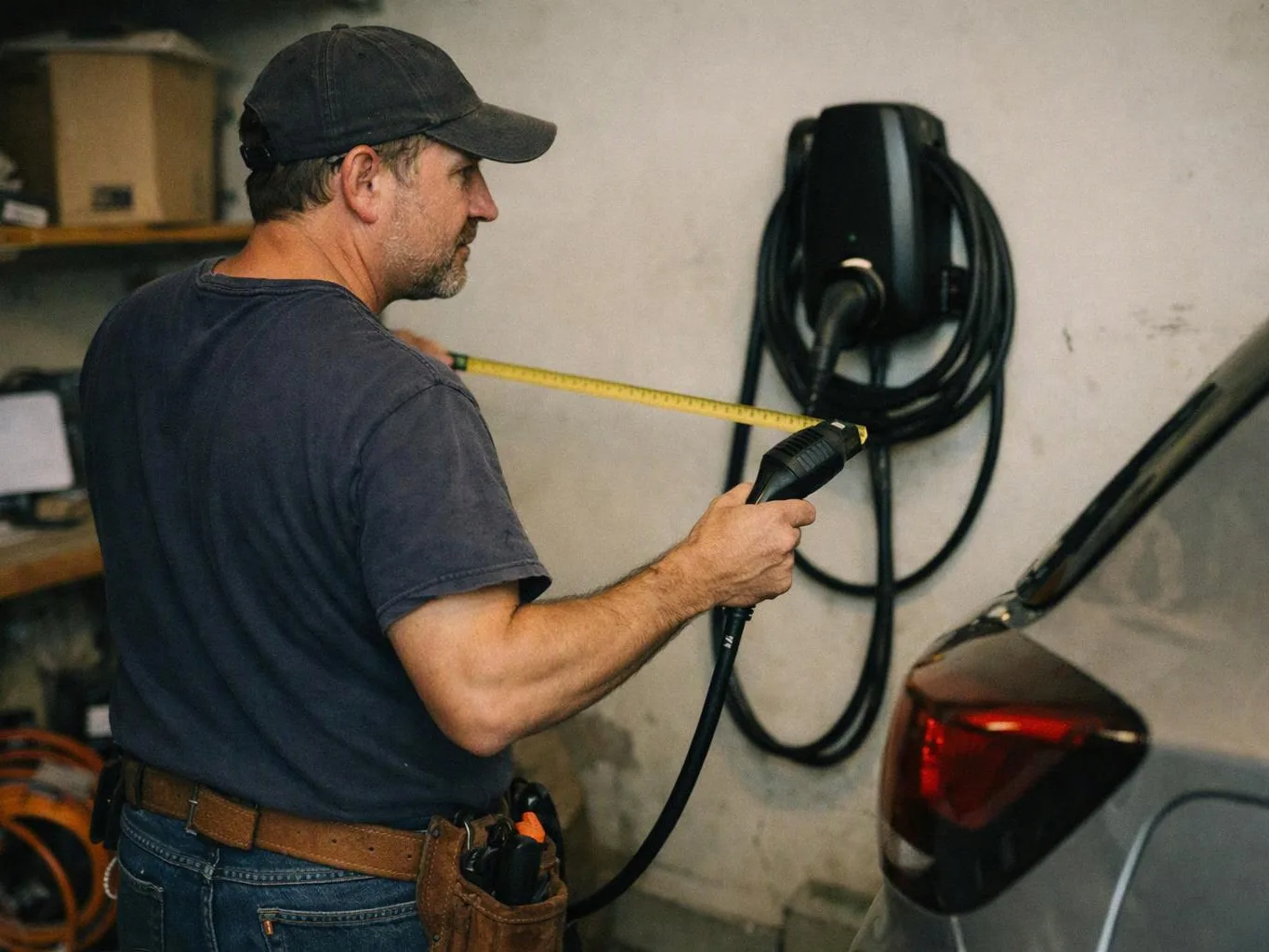 A man in a cap measures a charging cable beside a wall-mounted electric vehicle charger and car tail light