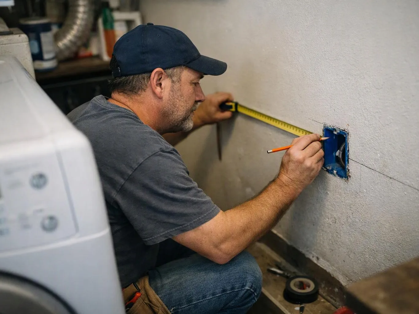 A man in a cap measures a wall with a tape and marks a blue electrical box with a pencil