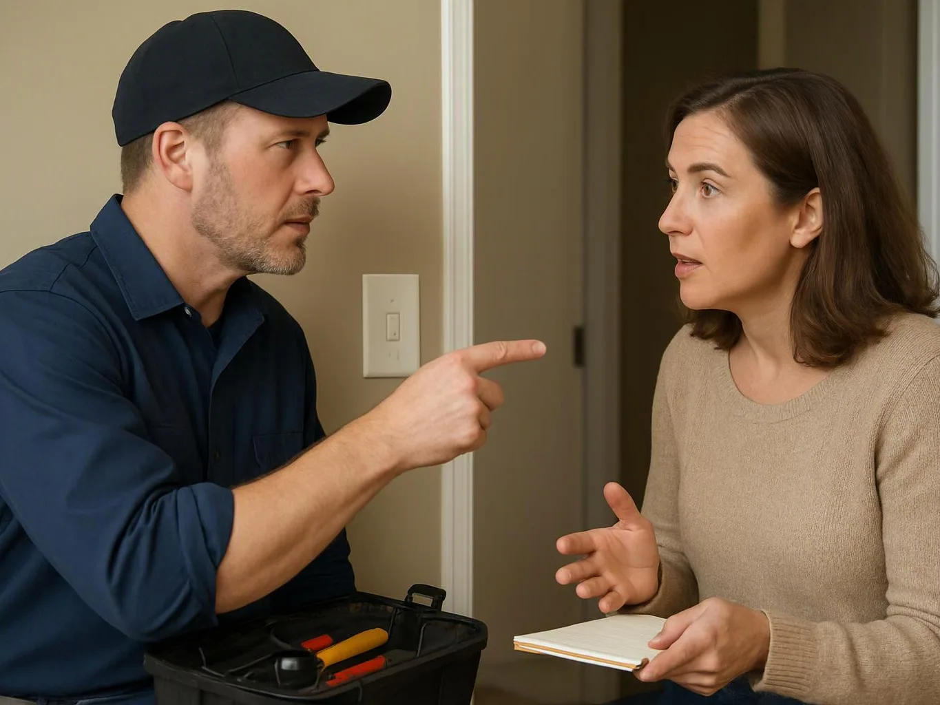 A man in a cap points at a woman holding a notepad during a tense indoor conversation